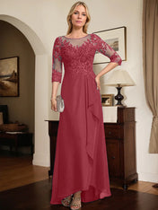 A-line Scoop Illusion Asymmetrical Lace Chiffon Mother of the Bride Dress With Sequins Cascading Ruffles