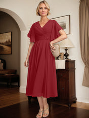 A-line V-Neck Tea-Length Chiffon Mother of the Bride Dress With Pleated Beading