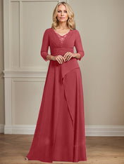 A-line V-Neck Floor-Length Chiffon Mother of the Bride Dress With Pleated Beading