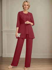 Jumpsuit/Pantsuit Separates Scoop Floor-Length Chiffon Lace Mother of the Bride Dress With Sequins