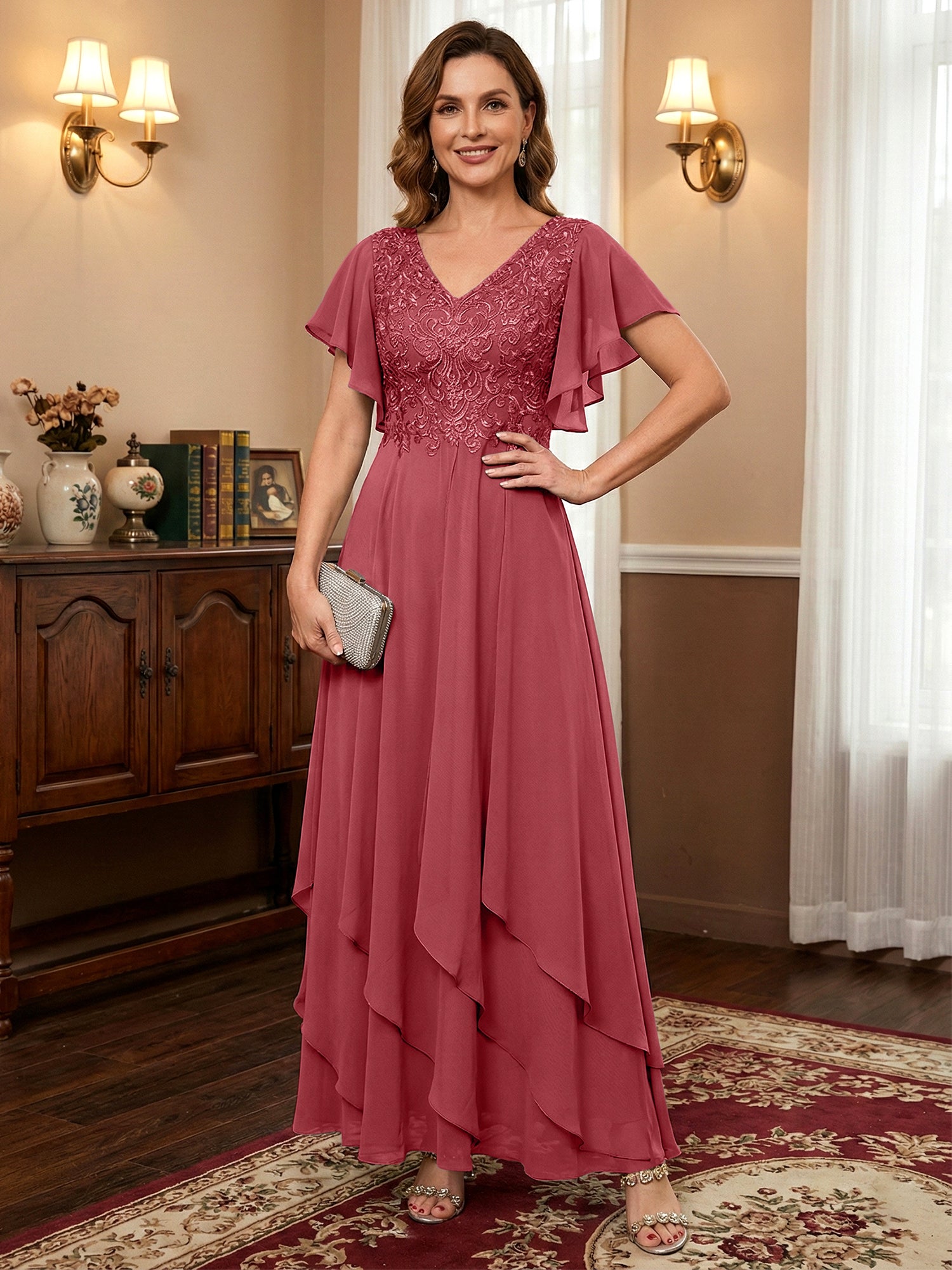 A-line V-Neck Ankle-Length Lace Chiffon Mother of the Bride Dress With Cascading Ruffles