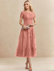 A-line Scoop Tea-Length Tulle Lace Mother of the Bride Dress