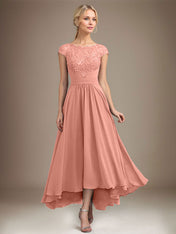 A-line Scoop Illusion Asymmetrical Lace Chiffon Mother of the Bride Dress With Pleated