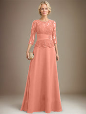 A-line Scoop Illusion Floor-Length Chiffon Lace Mother of the Bride Dress With Pleated Sequins Beading