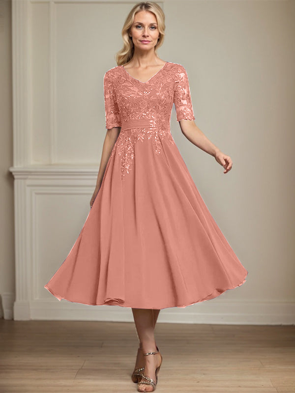 A-line V-Neck Tea-Length Lace Chiffon Mother of the Bride Dress With Sequins