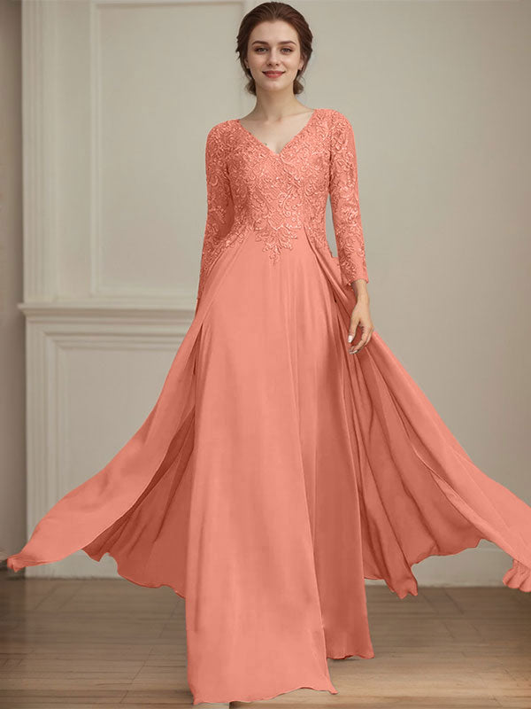 A-line V-Neck Floor-Length Lace Chiffon Mother of the Bride Dress With Sequins