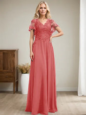 A-line V-Neck Floor-Length Lace Chiffon Mother of the Bride Dress With Sequins