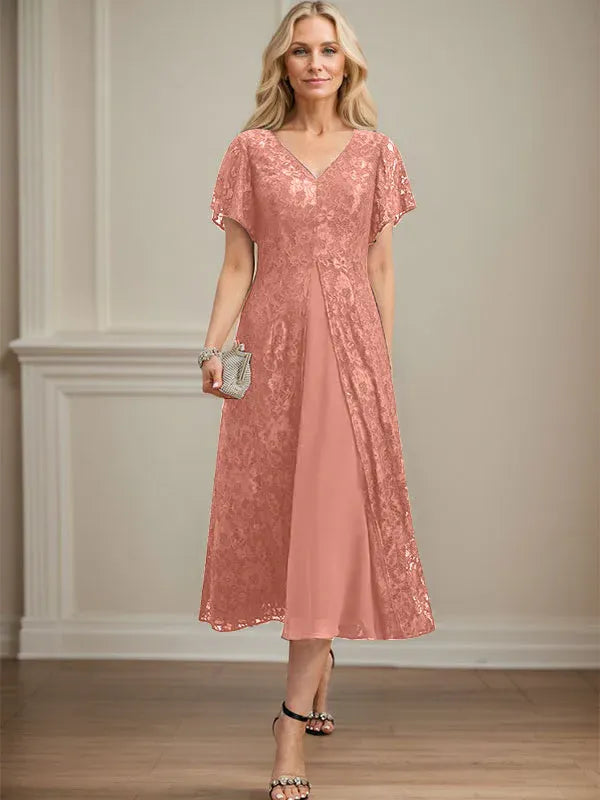 Robe de mère de la mariée en mousseline de soie, coupe trapèze, col en V et longueur thé 