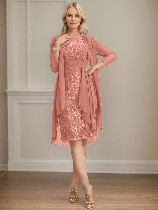 Column Scoop Illusion Knee-Length Lace Chiffon Mother of the Bride Dress With Cascading Ruffles Sequins