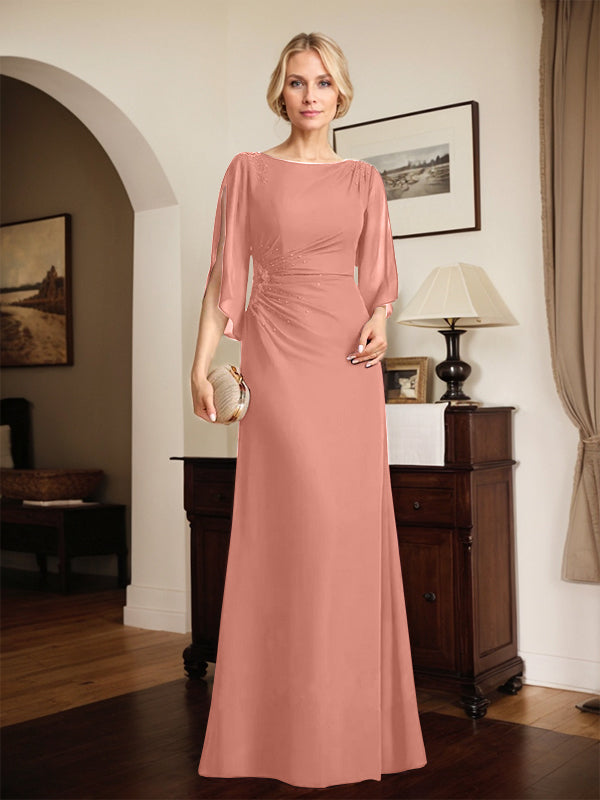 Column Scoop Floor-Length Chiffon Mother of the Bride Dress With Pleated Beading