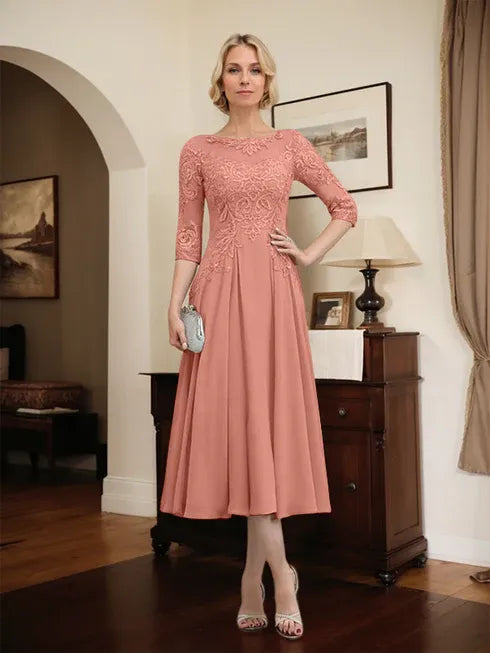 A-line Scoop Illusion Tea-Length Chiffon Lace Mother of the Bride Dress With Beading Sequins