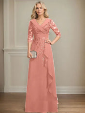 A-line Collared V-Neck Floor-Length Lace Chiffon Mother of the Bride Dress With Sequins Cascading Ruffles
