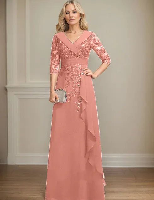 Robe de mère de la mariée trapèze, col en V, longueur au sol, en mousseline de soie et dentelle, avec volants en cascade et paillettes 