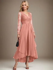 A-line V-Neck Asymmetrical Lace Chiffon Mother of the Bride Dress