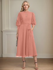 A-line High Neck Tea-Length Lace Chiffon Mother of the Bride Dress With Bow