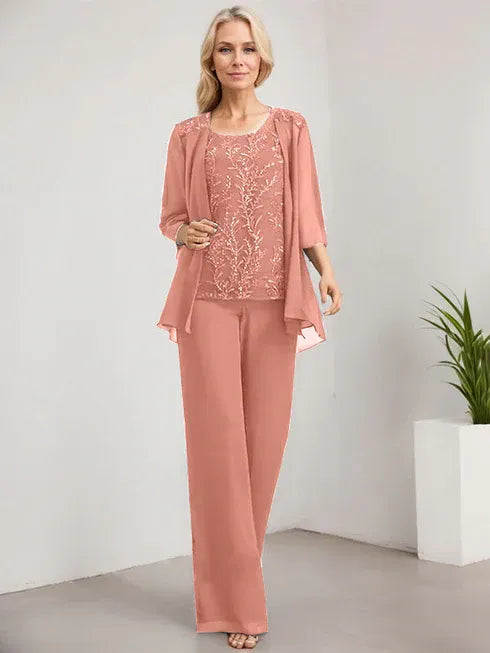 Pantsuit Scoop Floor-Length Lace Chiffon Mother of the Bride Dress With Sequins