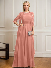A-line Scoop Illusion Floor-Length Lace Chiffon Mother of the Bride Dress With Pleated