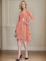 Sheath/Column Sweetheart Knee-Length Chiffon Mother of the Bride Dress With Beading Appliques Lace Sequins Pleated