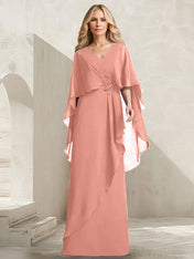 A-line V-Neck Floor-Length Chiffon Mother of the Bride Dress With Cascading Ruffles Beading