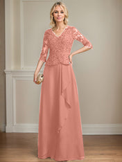 A-line V-Neck Floor-Length Lace Chiffon Mother of the Bride Dress With Cascading Ruffles Sequins
