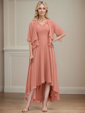 A-line V-Neck Asymmetrical Chiffon Mother of the Bride Dress With Beading Sequins