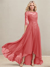 A-line Scoop Illusion Asymmetrical Lace Chiffon Mother of the Bride Dress With Pleated Sequins