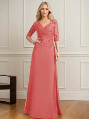 A-line V-Neck Floor-Length Lace Chiffon Mother of the Bride Dress With Pleated Sequins