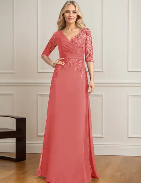 Robe de mère de la mariée trapèze, col en V, longueur au sol, en mousseline de soie et dentelle, avec sequins plissés 