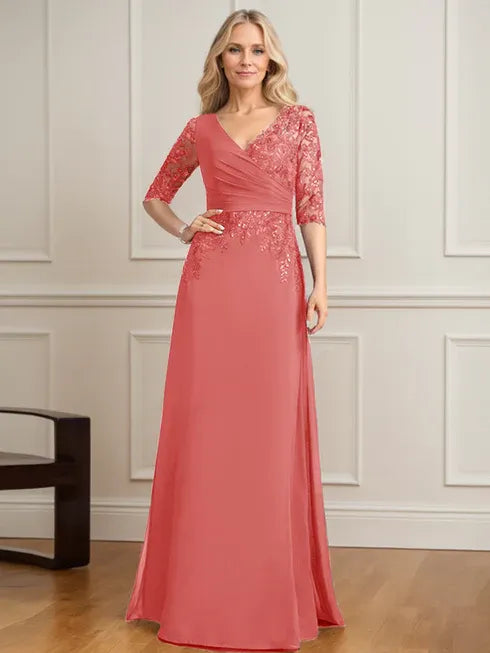 Robe de mère de la mariée trapèze, col en V, longueur au sol, en mousseline de soie et dentelle, avec sequins plissés 