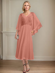 A-line V-Neck Tea-Length Chiffon Lace Mother of the Bride Dress With Beading Sequins
