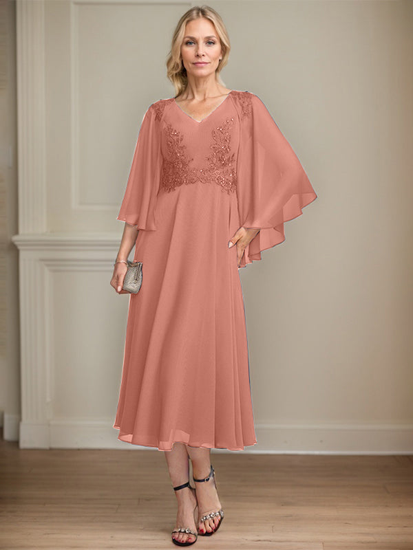 A-line V-Neck Tea-Length Chiffon Lace Mother of the Bride Dress With Beading Sequins