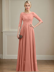 A-line Scoop Illusion Floor-Length Lace Chiffon Mother of the Bride Dress With Sequins