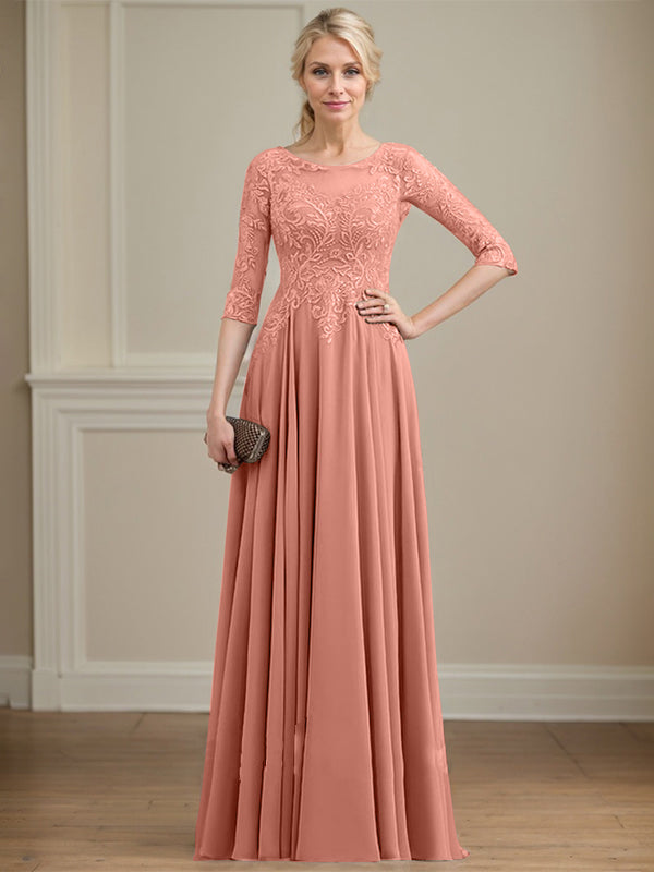 A-line Scoop Illusion Floor-Length Lace Chiffon Mother of the Bride Dress With Sequins