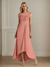 Champagne A-Line Scoop Lace Chiffon Dress