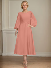 A-line Scoop Tea-Length Chiffon Mother of the Bride Dress With Crystal Brooch Pleated