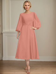 A-line Scoop Tea-Length Chiffon Mother of the Bride Dress With Crystal Brooch Pleated