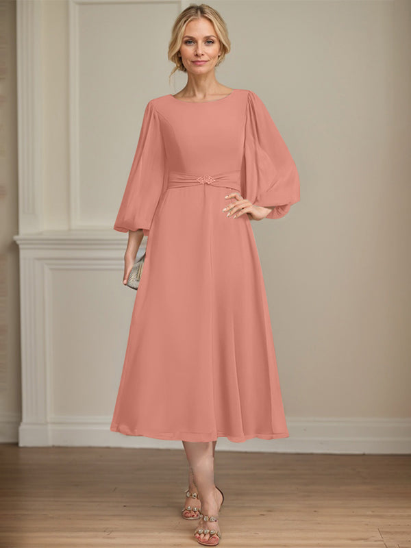 A-line Scoop Tea-Length Chiffon Mother of the Bride Dress With Crystal Brooch Pleated