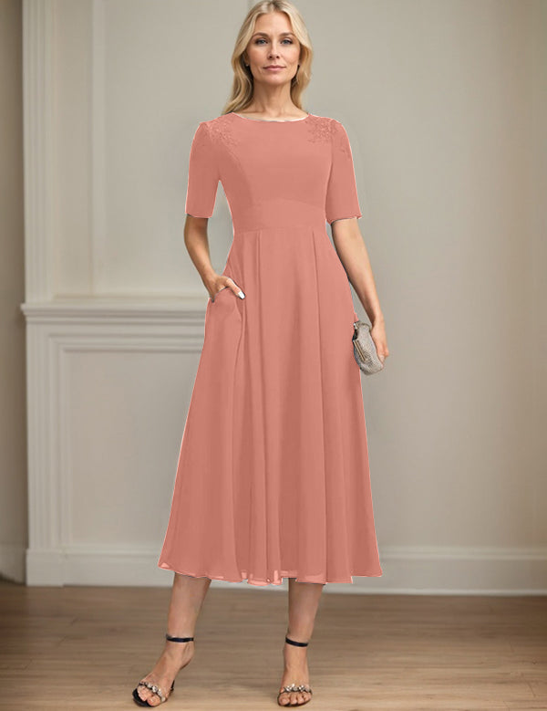A-line Scoop Tea-Length Chiffon Mother of the Bride Dress With Appliques Lace Sequins