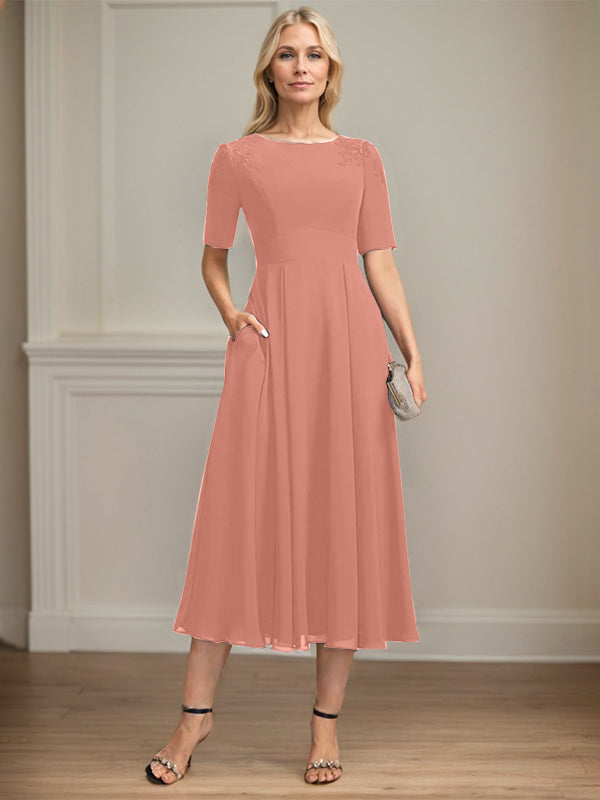 A-line Scoop Tea-Length Chiffon Mother of the Bride Dress With Appliques Lace Sequins
