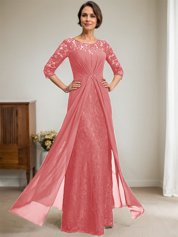 A-Line Scoop Illusion Floor-Length Lace Chiffon Mother Of the Bride Dress With Beading Ruffles