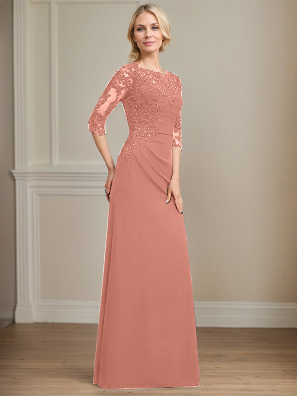 A-line Scoop Floor-Length Chiffon Lace Mother of the Bride Dress With Beading Pleated Sequins