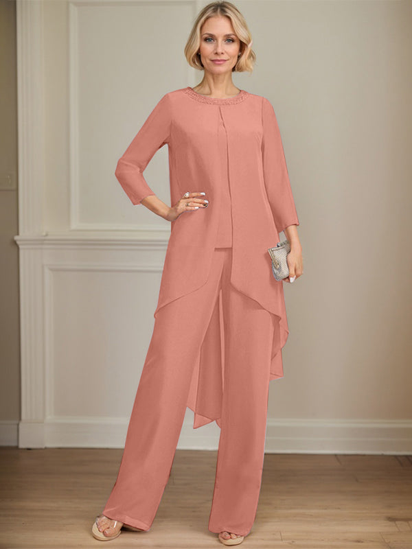 Separates Jumpsuit/Pantsuit Scoop Floor-Length Chiffon Mother of the Bride Dress With Sequins Beading