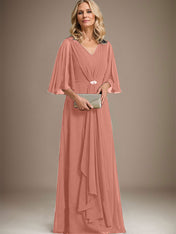 A-line V-Neck Floor-Length Chiffon Mother of the Bride Dress With Cascading Ruffles Crystal Brooch