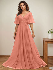 A-line V-Neck Floor-Length Chiffon Mother of the Bride Dress With Sequins Appliques Lace Pleated