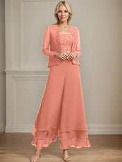 Separates Jumpsuit/Pantsuit Square Ankle-Length Lace Chiffon Mother of the Bride Dress With Sequins
