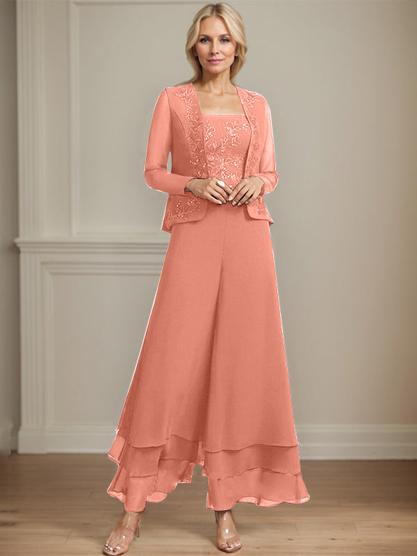Robe de mère de la mariée en mousseline de soie, longueur cheville, avec sequins, combinaison/tailleur carré 