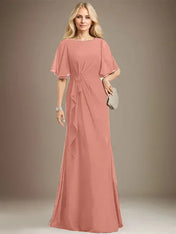 A-line Scoop Floor-Length Chiffon Mother of the Bride Dress With Cascading Ruffles Beading Sequins