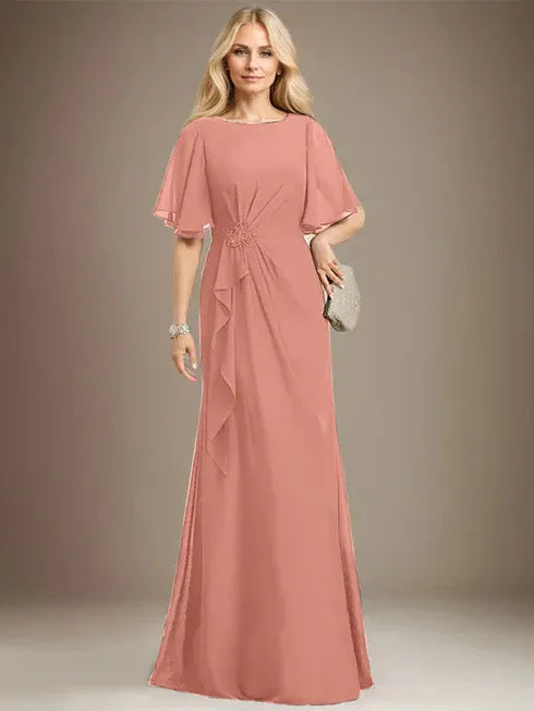A-line Scoop Floor-Length Chiffon Mother of the Bride Dress With Cascading Ruffles Beading Sequins