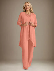 Chiffon Scoop Long Sleeves Mother Of The Bride Pantsuits With Jacket