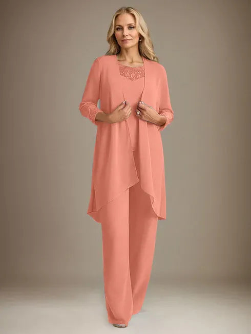 Chiffon Scoop Long Sleeves Mother Of The Bride Pantsuits With Jacket